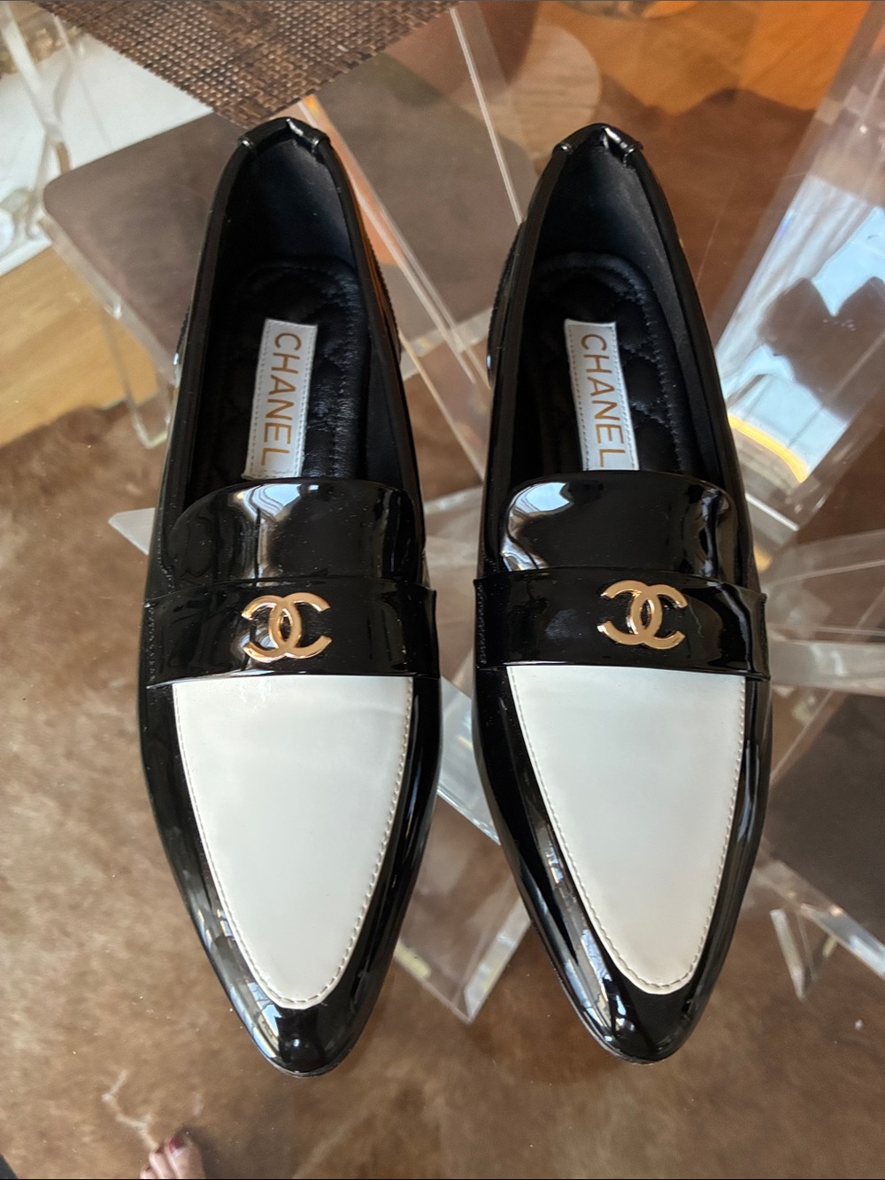 CHANEL Black and White Patent Leather Men’s Loafers with Gold size 38